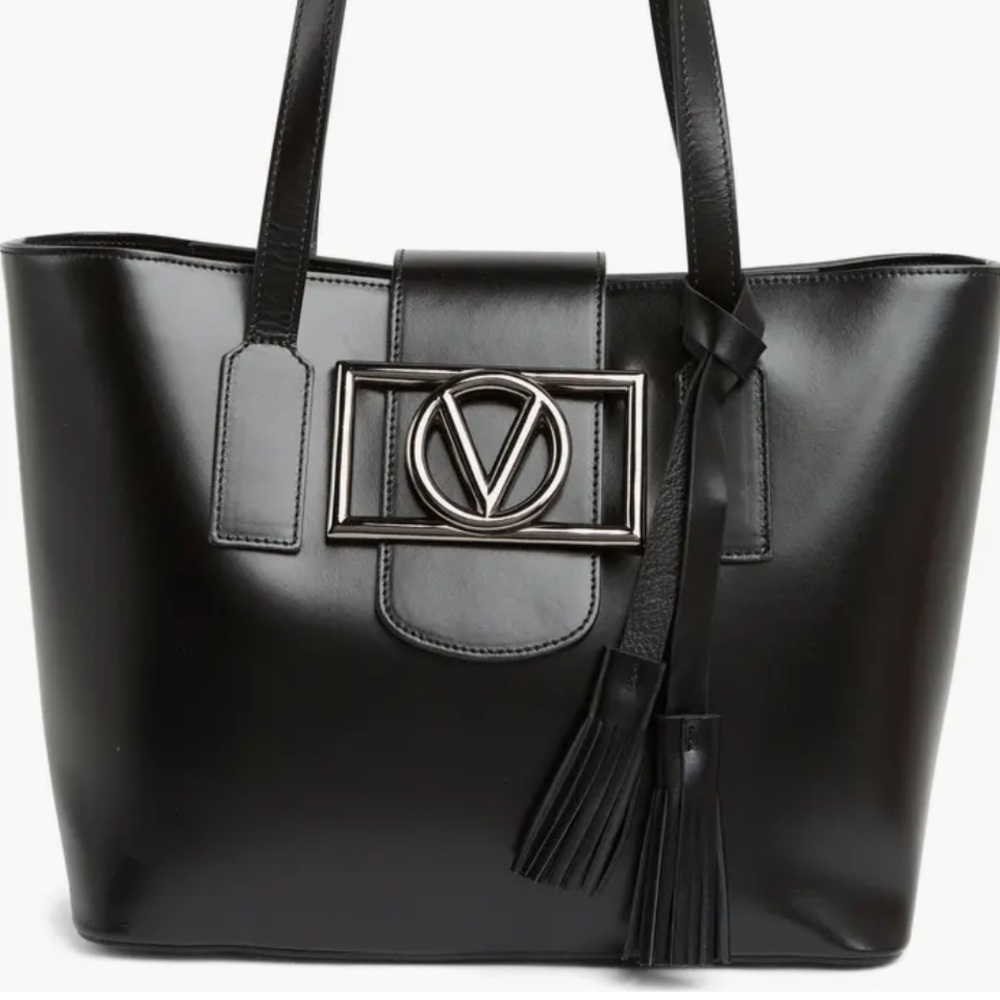 NWT Valentino By Mario Valentino Delphine Super V Leather Tote Bag Black